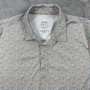 HUK Men's Polo Shirt Short Sleeve Grey Cocktails & Fish Pattern Size Large